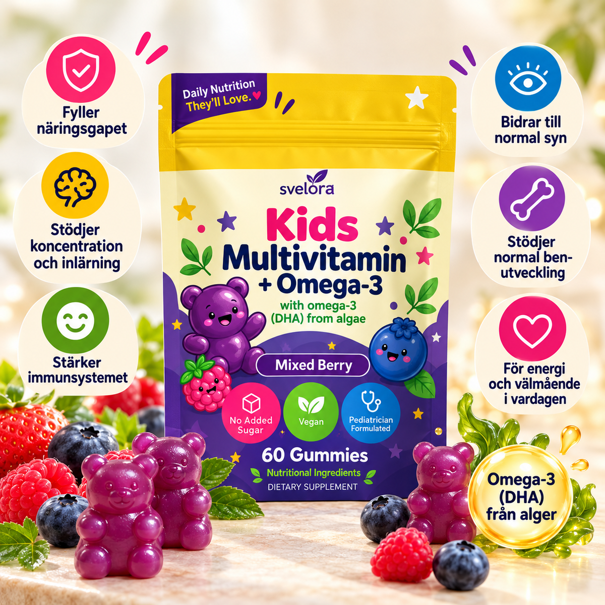 Multivitamin + Omega-3 Gummies för Barn – 60 st | Vegansk DHA från Alger