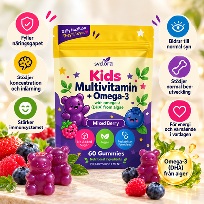 Multivitamin + Omega-3 Gummies för Barn – 60 st | Vegansk DHA från Alger