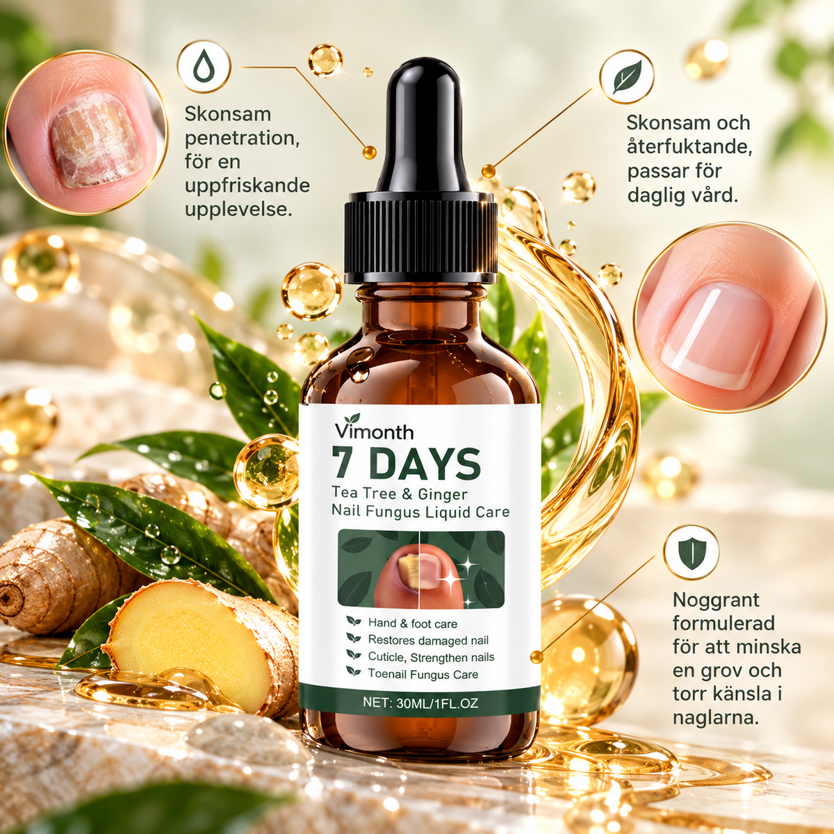 Nagelvård med Tea Tree & Ingefära – Vårdande Nagelolja för Händer och Fötter – 30 ml
