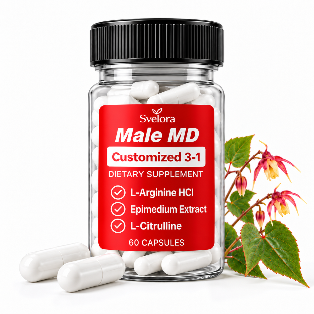 Male MD 3-i-1 Kosttillskott – L-Arginin HCl, L-Citrullin & Epimediumextrakt – 60 Kapslar