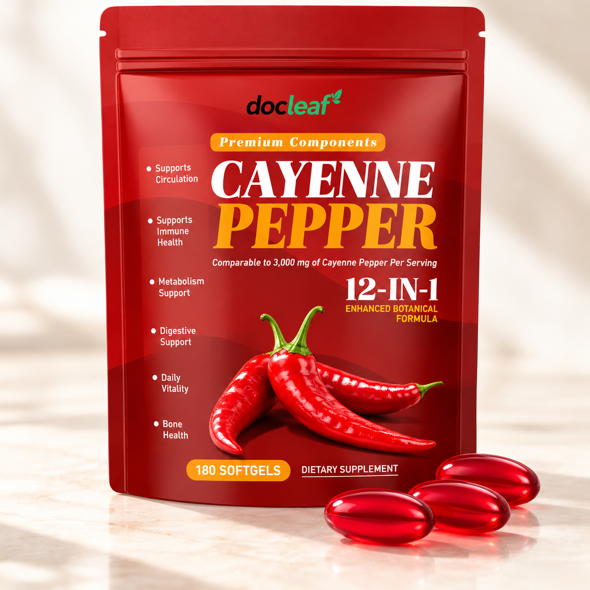 Cayennepeppar 12-i-1 Kapslar – Växtextrakt, Vitamin D3, K2 & E, 180 st
