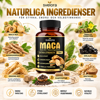Maca Root 7-in-1 med Ginseng, Ashwagandha & Tribulus – 60 Kapslar