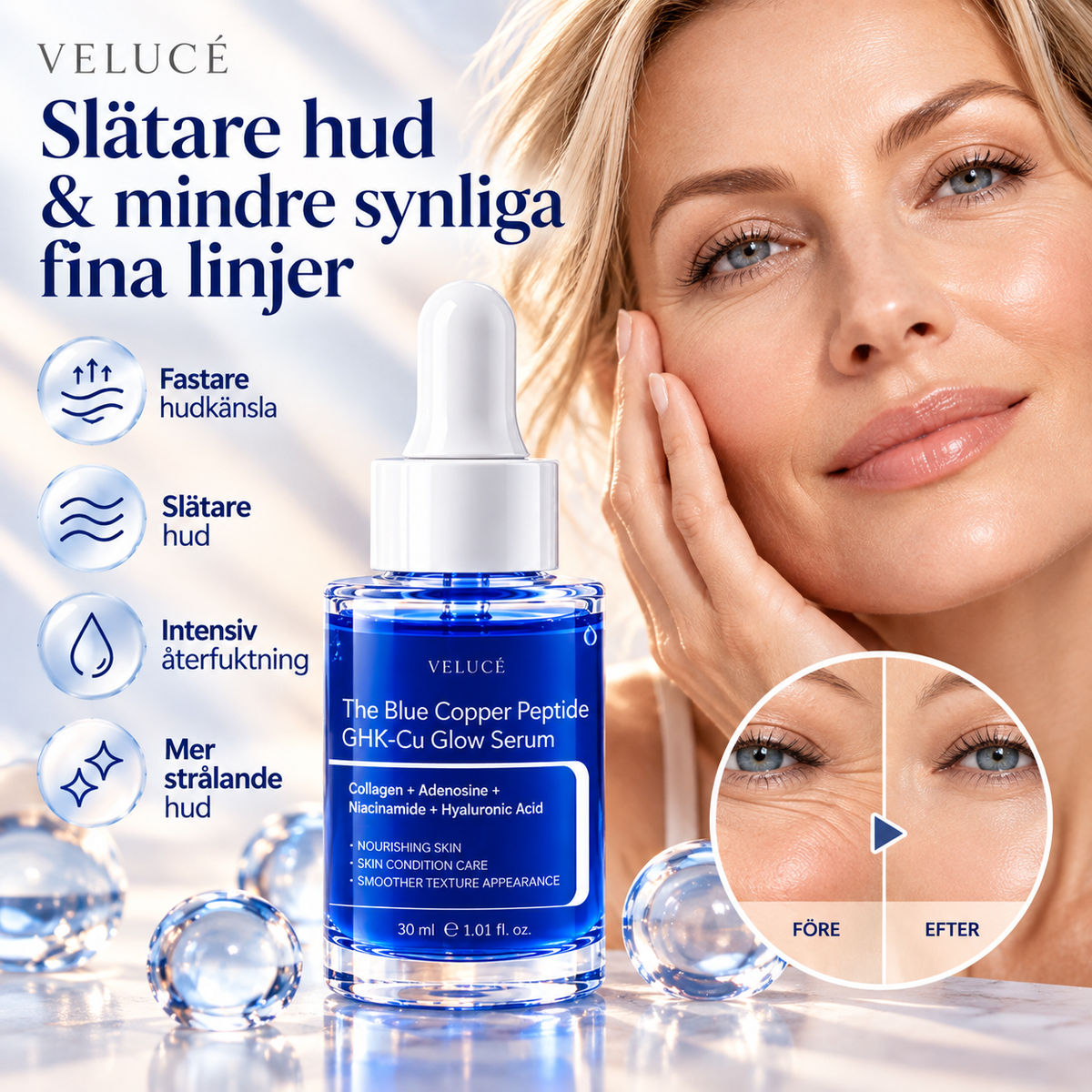 GHK-Cu Kopparpeptidserum för Ansiktet – Med Hyaluronsyra, Niacinamid & Kollagen – 30 ml