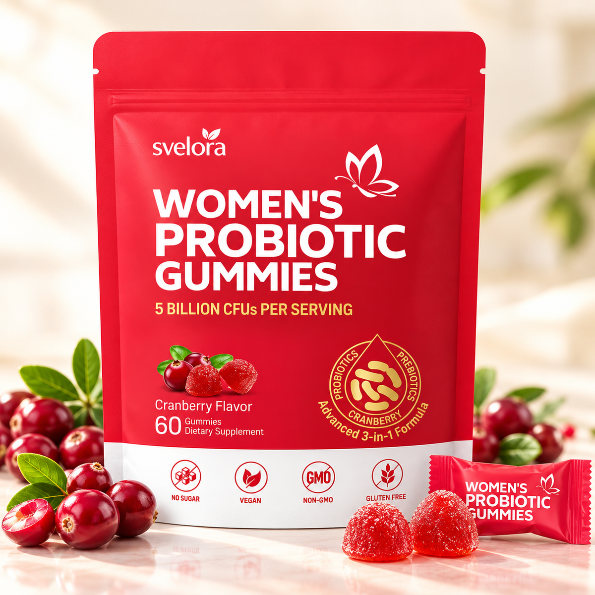 Probiotiska Gummies för Kvinnor – Tranbär, 5 Miljarder CFU, Prebiotika & Vitamin C – 60 st