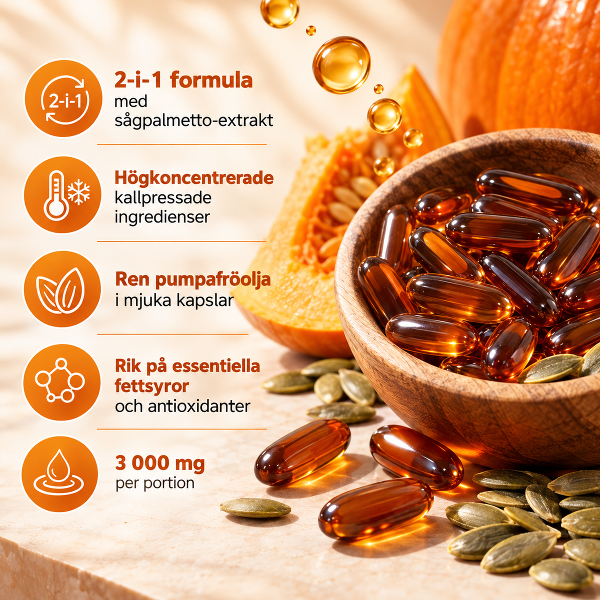 Pumpafröolja med Sågpalmetto – 3000 mg + 500 mg – 180 Mjuka Kapslar – Kallpressad