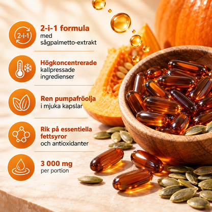Pumpafröolja med Sågpalmetto – 3000 mg + 500 mg – 180 Mjuka Kapslar – Kallpressad