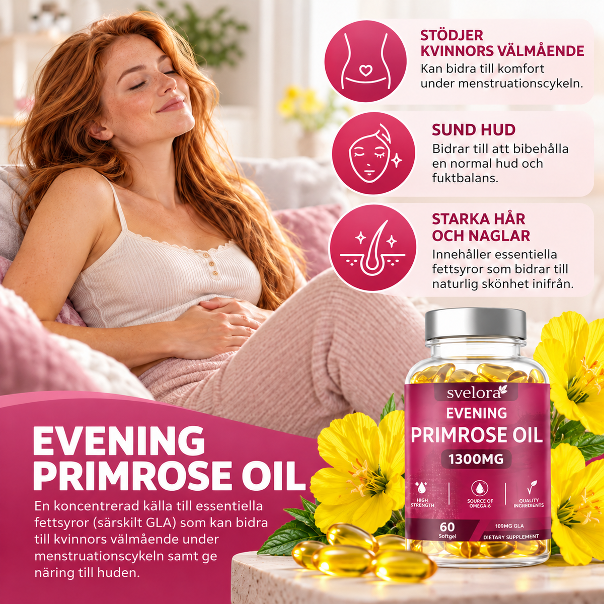 Nattljusolja 1300 mg med GLA – Omega-6 – 60 mjuka kapslar