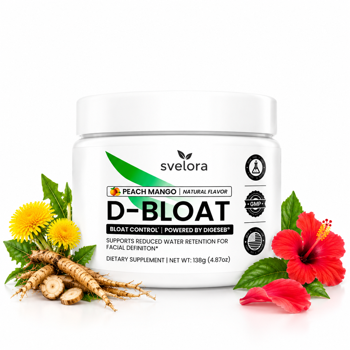 D-Bloat Kosttillskott Pulver – Persika & Mango – Maskros, Nässla, Hibiskus, Magnesium & Vitamin C – 30 Portioner