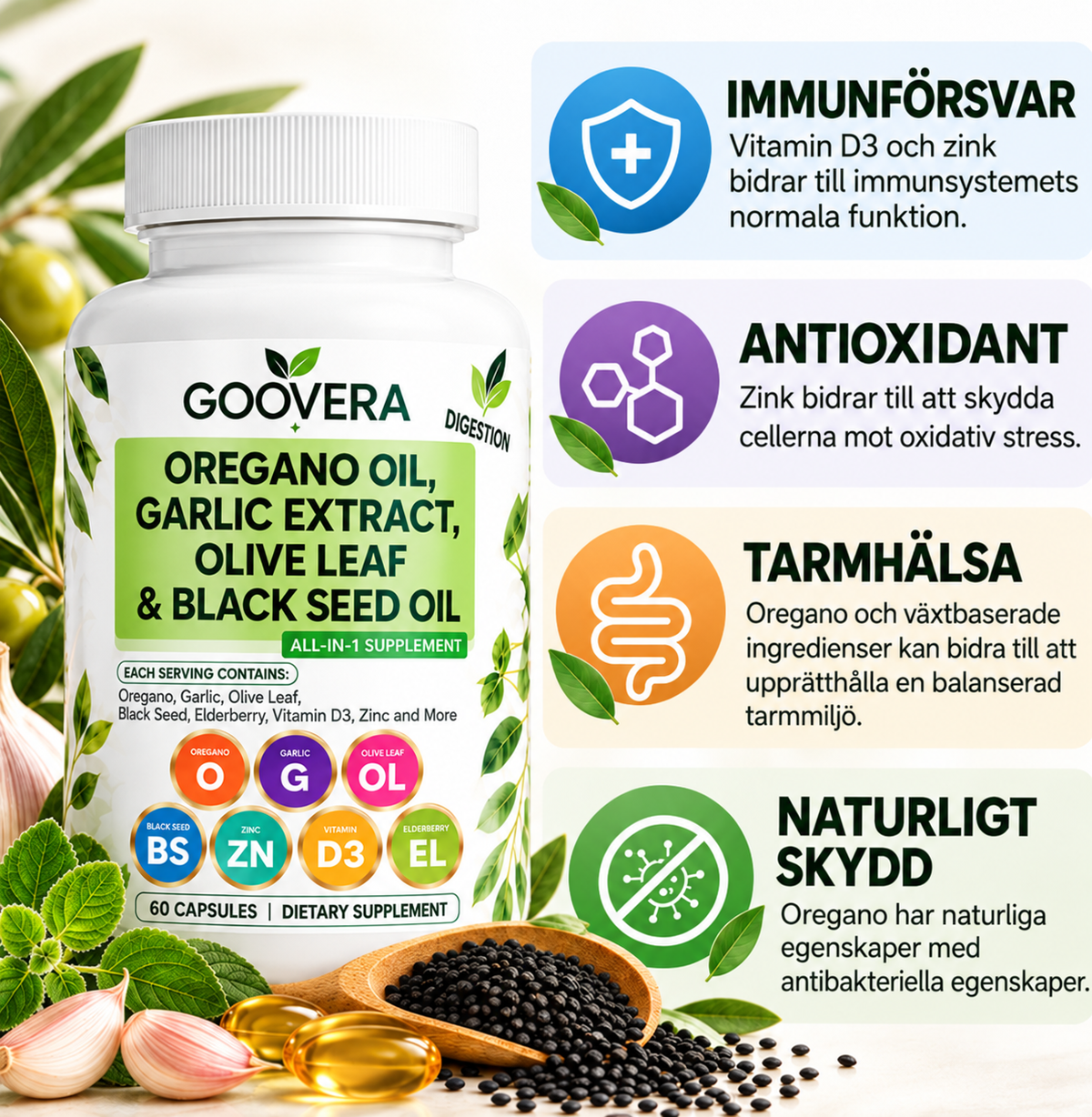 Oreganoolja med Vitlöksextrakt, Olivblad & Svartkumminolja – 60 Kapslar