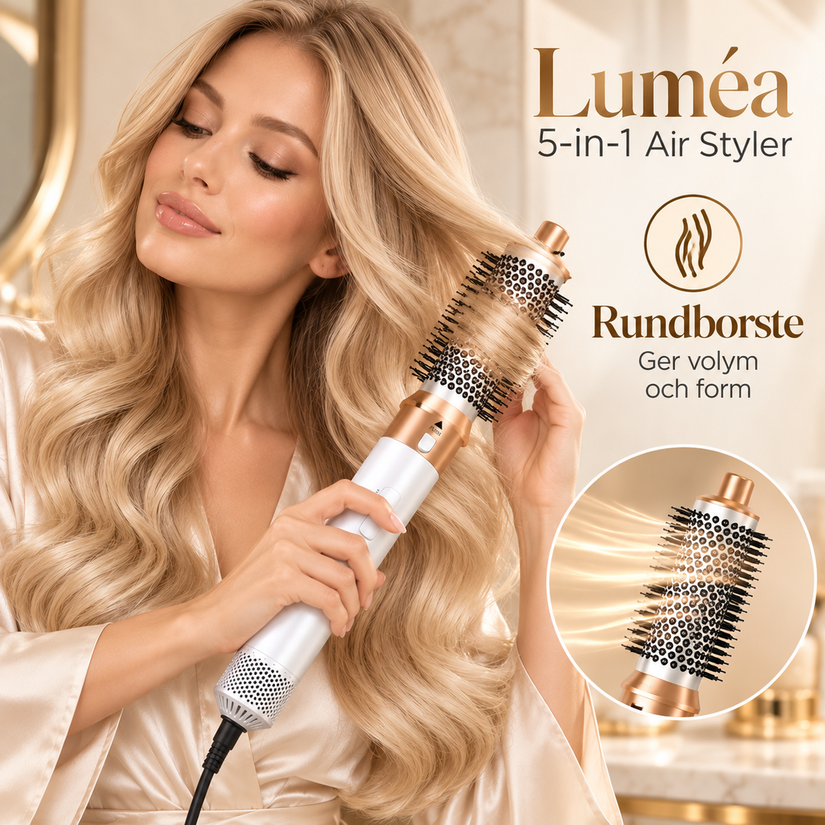 5-in-1 Air Styler med Hårtork, Locktång, Rätborste & Rundborste – Vit/Guld