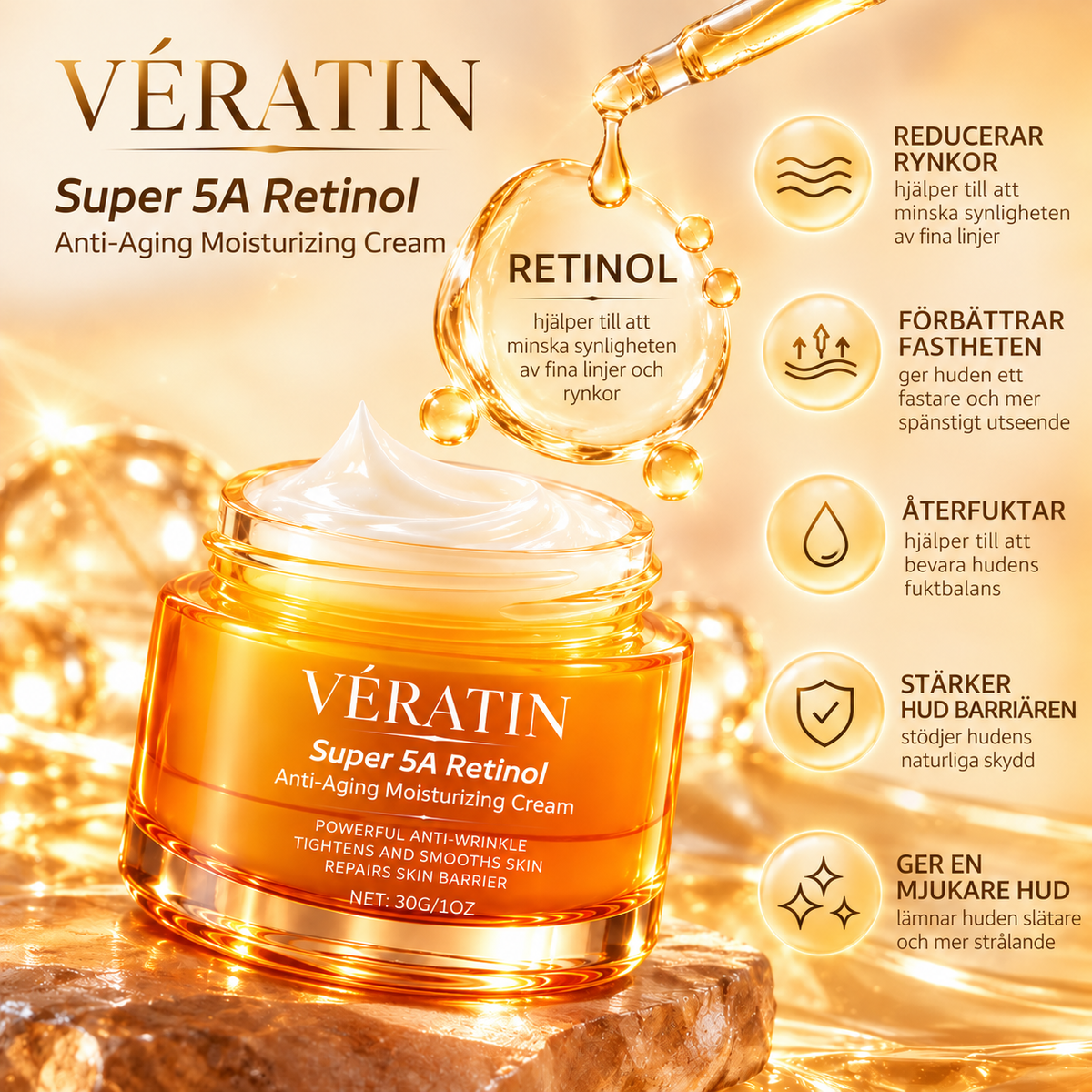 Retinol Ansiktskräm Anti-Age – Återfuktande Kräm mot Fina Linjer och Rynkor – 30 g
