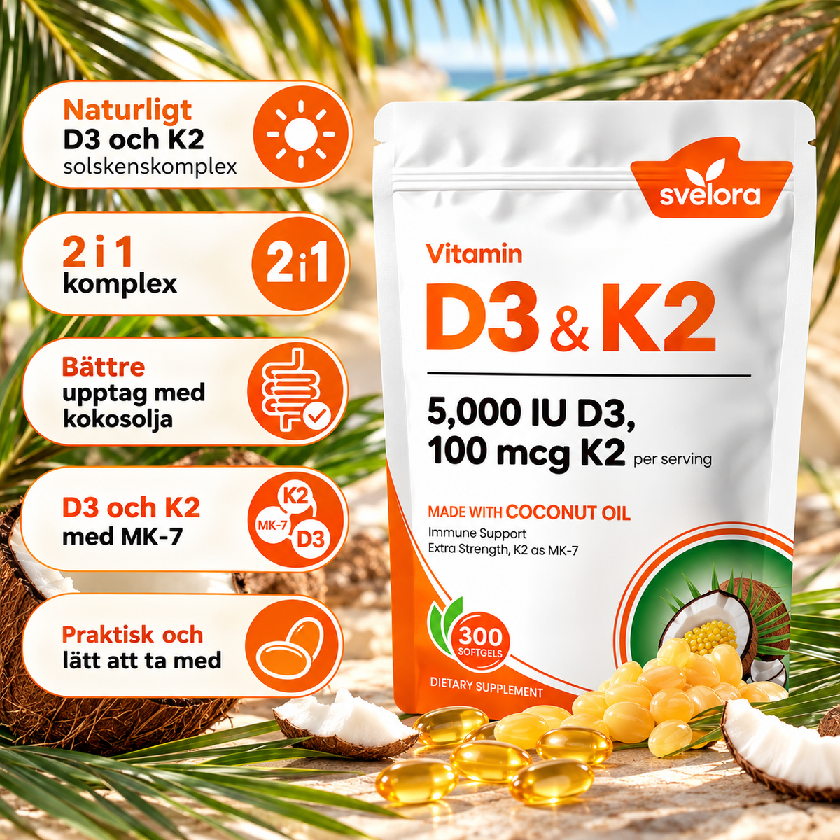 Vitamin D3 + K2 5000 IE & 100 µg MK-7 – Med Kokosolja – 300 Mjuka Kapslar
