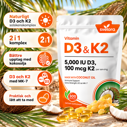 Vitamin D3 + K2 5000 IE & 100 µg MK-7 – Med Kokosolja – 300 Mjuka Kapslar