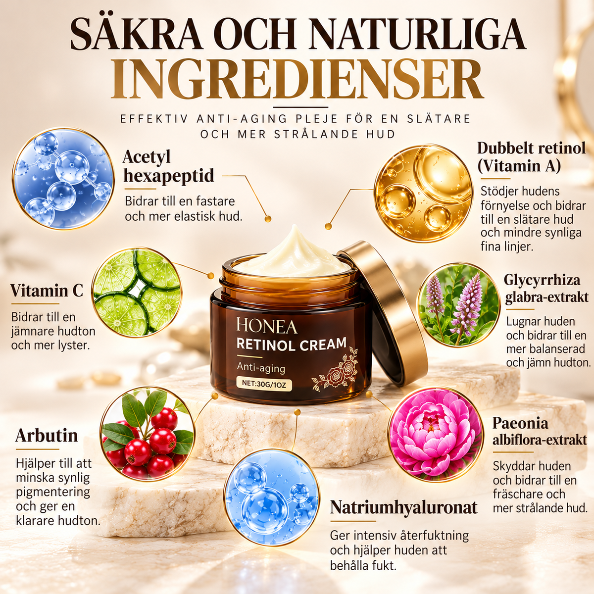 Retinol Ansiktskräm – Anti-Age med Vitamin C, Peptider & Hyaluronsyra – 30 g