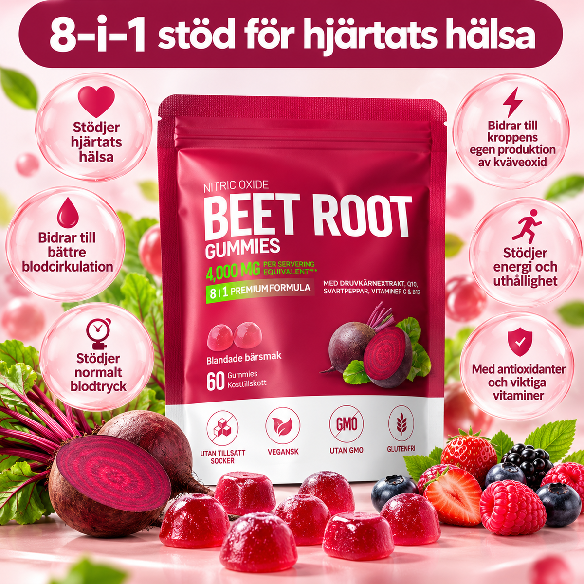 Beet Root Gummies 4000 mg – Rödbeta 8-i-1, 60 st