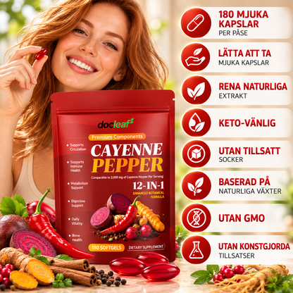 Cayennepeppar 12-i-1 Kapslar – Växtextrakt, Vitamin D3, K2 & E, 180 st