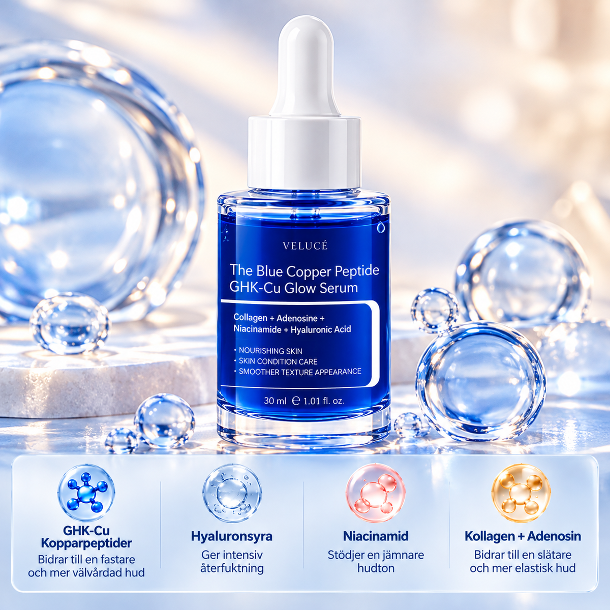 GHK-Cu Kopparpeptidserum för Ansiktet – Med Hyaluronsyra, Niacinamid & Kollagen – 30 ml