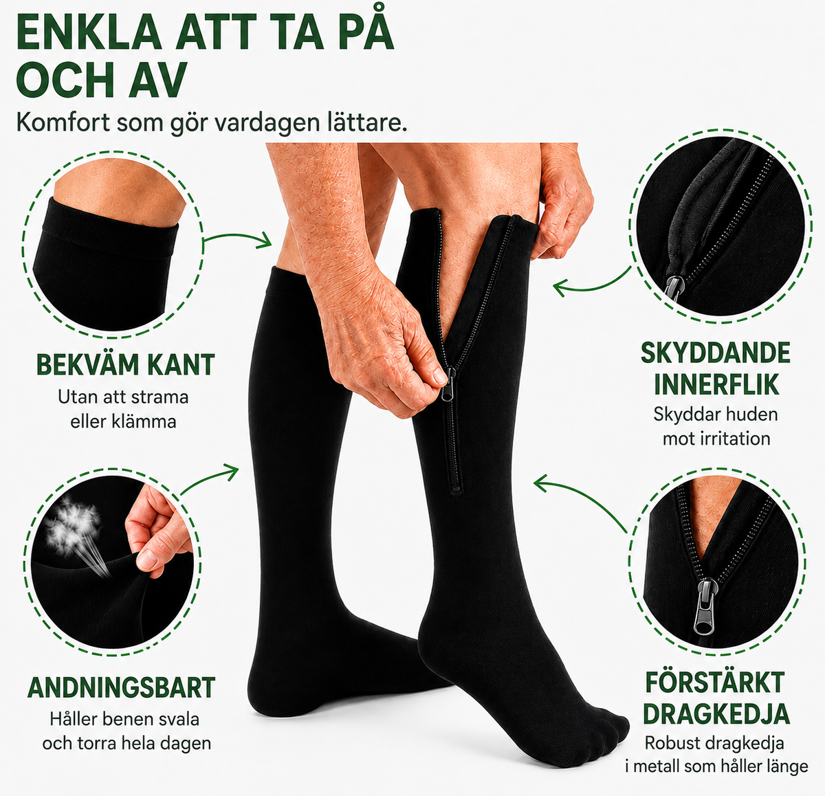 Kompressionsstrumpor med dragkedja | Bekvämt stöd hela dagen
